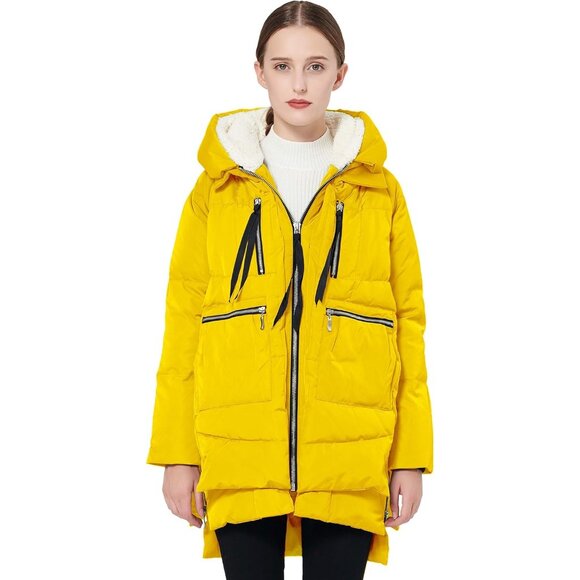 🆕 Women Yellow Thickened Down Fluffy Soft Rib-Knit Cuffs Light Rain Warm Jacket - Picture 1 of 6